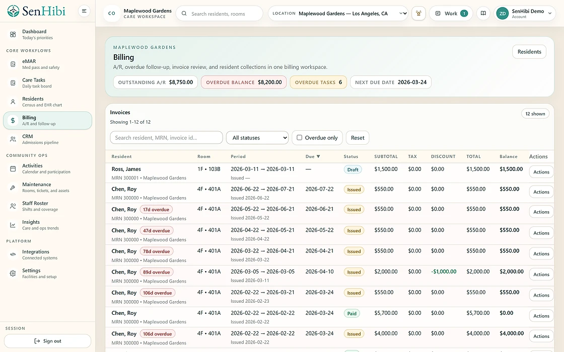 Billing workspace with invoices and A/R follow-up